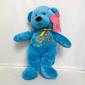 FAO Schwarz FAO Girl Soft Blue Plush Bear Toy Embroidered Flowers Retro NWT
